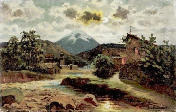 Paisaje Con Volcan Oil Painting by August Lohr