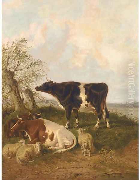 Cattle and sheep resting in a river landscape Oil Painting by Thomas Sidney Cooper