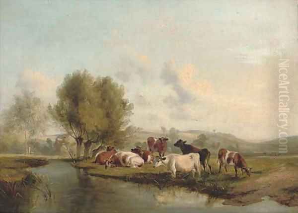 Cattle grazing on the bank of a river Oil Painting by Thomas Sidney Cooper