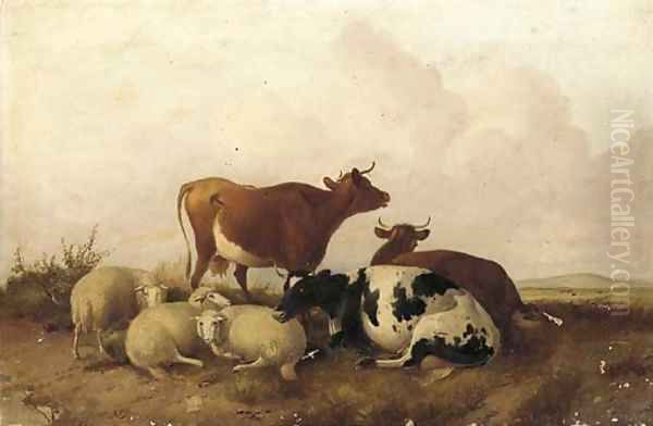 Cattle in a water meadow Oil Painting by Thomas Sidney Cooper