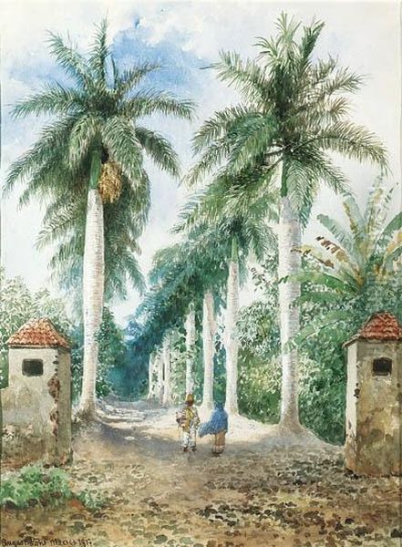 The Gateway To An Estate In Mexico With An Avenue Of Palms Oil Painting by August Lohr