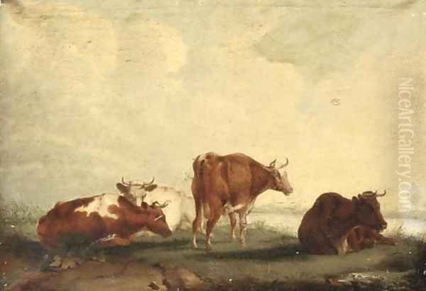 Cattle on the bank of a river Oil Painting by Thomas Sidney Cooper