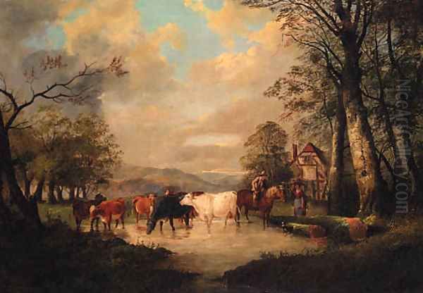 Countryfolk with Cattle watering, a Cottage beyond Oil Painting by Thomas Sidney Cooper