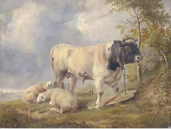 Sheep and a bull in a river landscape Oil Painting by Thomas Sidney Cooper