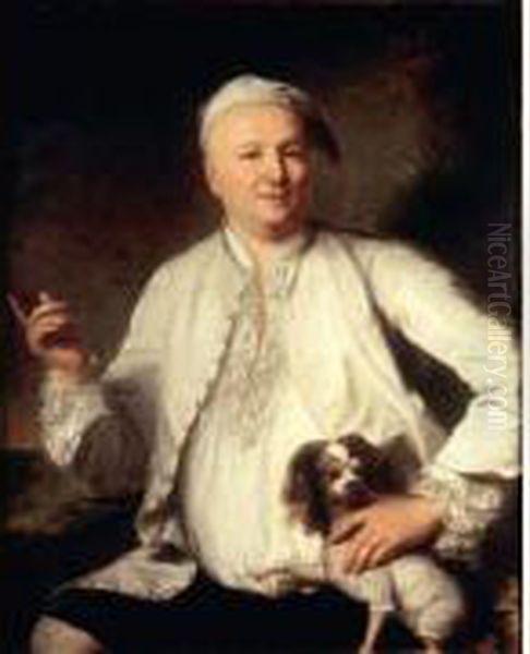 Portrait D'homme Vetu De Blanc Avec Son Chien Oil Painting by Marianne Loir