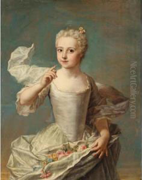 Portrait Of Jacquette Colombe De
 Boquart, Three-quarter Length, Wearing A White Silk Dress Holding A 
Bunch Of Flowers Oil Painting by Marianne Loir