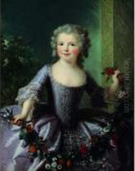 Portrait De Fillette Tenant Une Guirlande De Fleurs Oil Painting by Marianne Loir