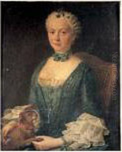 Portrait De Jeune Femme A La Robe Bleue Et Au Petit Chien. Oil Painting by Marianne Loir