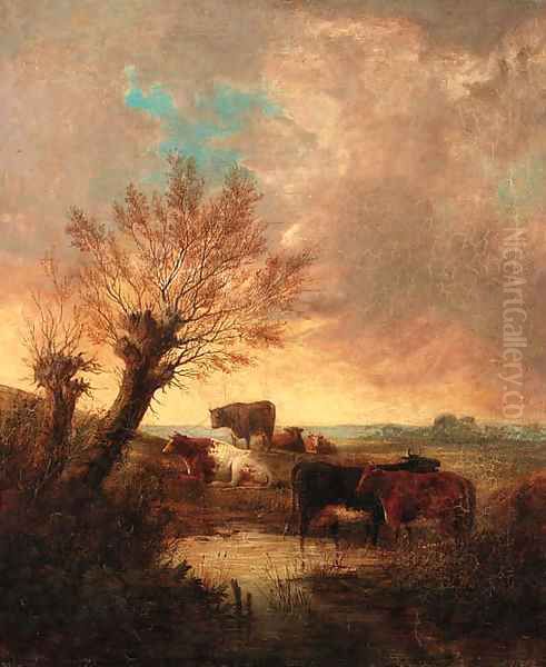 An Extensive Wooded Landscape With Cattle Watering At A Stream Oil Painting by Thomas Sidney Cooper