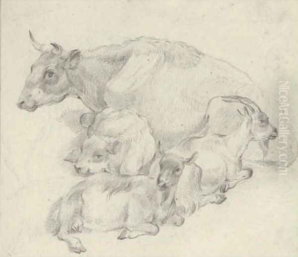 Study of a cow, her calf and two goats Oil Painting by Thomas Sidney Cooper