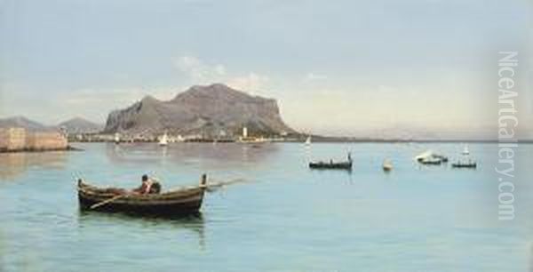 Fishermen Before The Monte Pellegrino In Palermo, Sicily Oil Painting by Francesco Lojacono