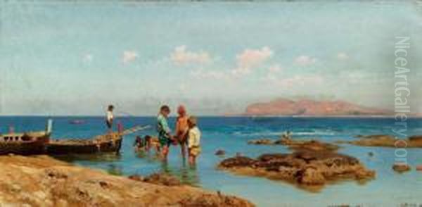 Pescatorelli Nel Golfo Di Mondello Oil Painting by Francesco Lojacono