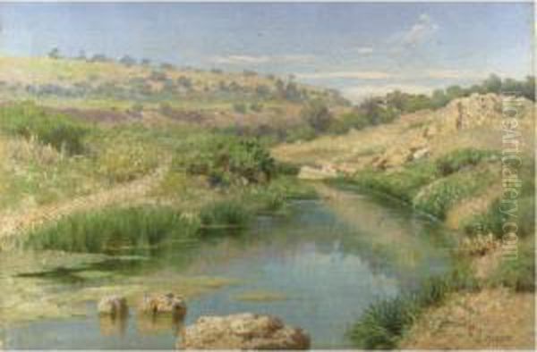 La Riva Del Fiume Oil Painting by Francesco Lojacono