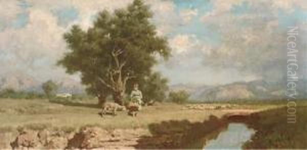 The Country Girl And The Lamb Oil Painting by Francesco Lojacono