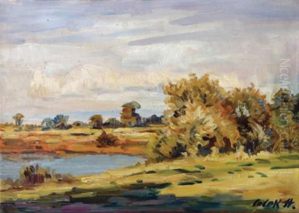 By Pond Oil Painting by Stanislav Lolek