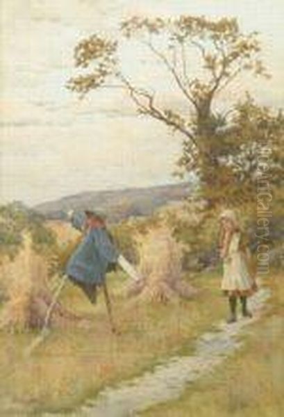 A Country Girlpaused On A Track Beside A Scarecrow Oil Painting by John Arthur Lomax