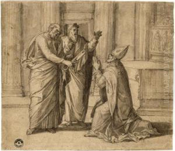 St Peter, Dressed As The First 
Bishop Of Rome, Receives The Keys Of The Kingdom Of Heaven From Christ, 
Another Apostle Looking On Oil Painting by Lambert Lombard