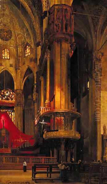 Figures in a cathedral interior Oil Painting by Emilio Cavenaghi