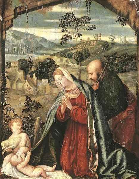 The Holy Family in a landscape Oil Painting by Francesco Prata Da Caravaggio