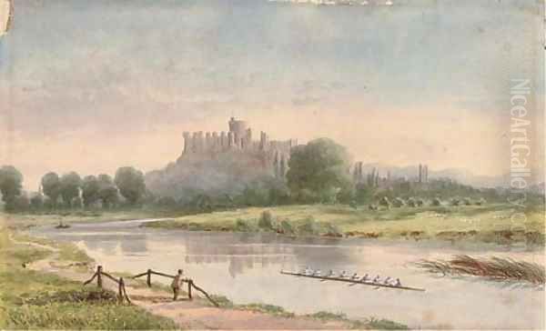 The Eton College rowing eight blading down the Thames, Windsor Castle behind Oil Painting by Francis George Coleridge