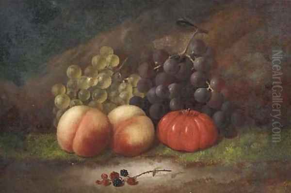 Grapes, blackberries, peaches and a tomato on a mossy bank Oil Painting by George Crisp