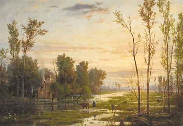 Neatherds returning home in a river landscape Oil Painting by Guido Carmignani