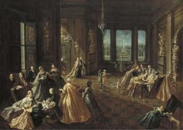 The Interior Of A Palace With Elegant Figures Oil Painting by Giovanni Domenico Lombardi