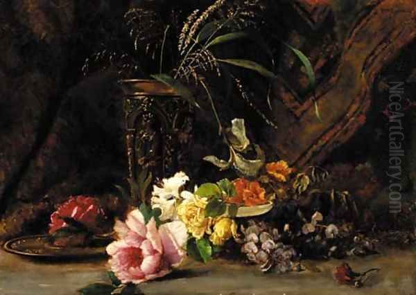 Lilies, peonies, roses, a carnation and other flowers before a brass plate and vase Oil Painting by Hugo Charlemont