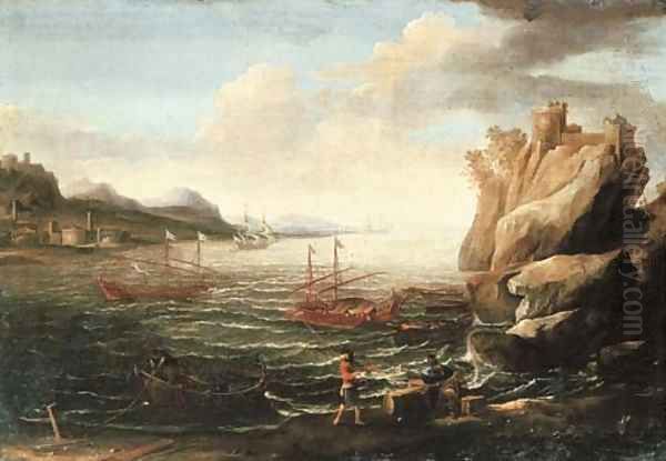 A Mediterranean coastal landscape with fishermen mooring their boats in the foreground and Levantine galleys beyond Oil Painting by Laureys A Castro