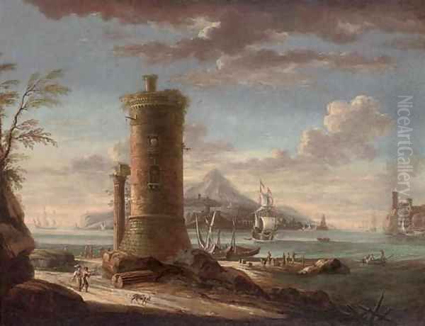 A capriccio of a Mediterranean harbour Oil Painting by Lorenzo A. Castro