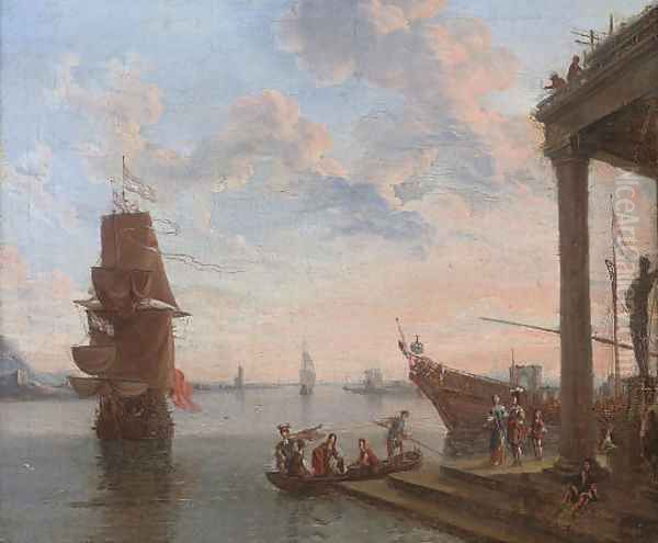 A capriccio of a Mediterranean harbour with elegant figures disembarking, shipping beyond Oil Painting by Lorenzo A. Castro