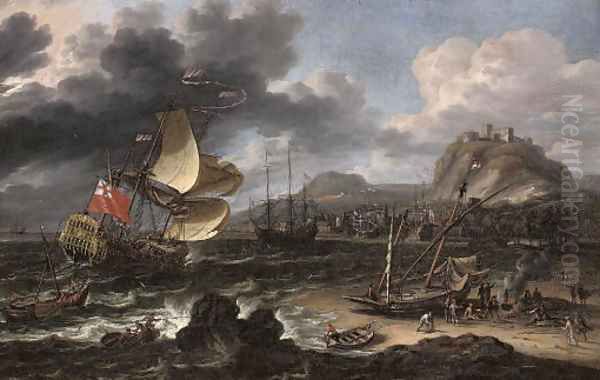 An English man-o'war running into a crowded continental port Oil Painting by Lorenzo A. Castro