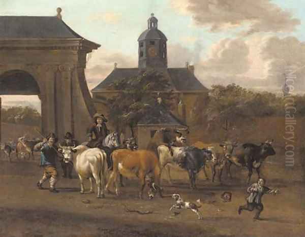 Drovers with cattle before an archway leading to a mansion Oil Painting by Michel Carree