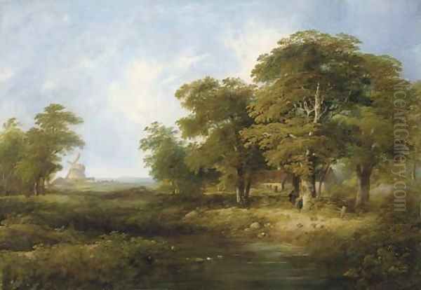 Figures by a cottage in a wooded landscape, a windmill beyond Oil Painting by William Henry Crome