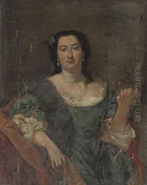 Portrait Of A Lady, 
Three-quarter-length, In A Blue Dress And Brown Mantle, A Jewelled Pin 
In Her Left Hand Oil Painting by Alessandro Longhi