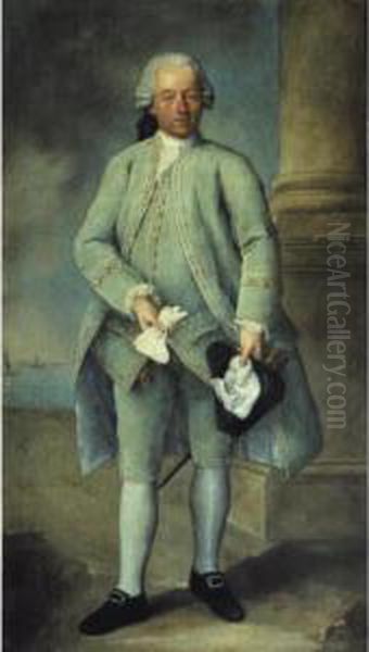 Portrait Of A Gentleman, 
Full-length Standing, Wearing A Powder-blue Costume And Holding A 
Tricorn Hat And Gloves, The Venetian Lagoon Beyond Oil Painting by Alessandro Longhi