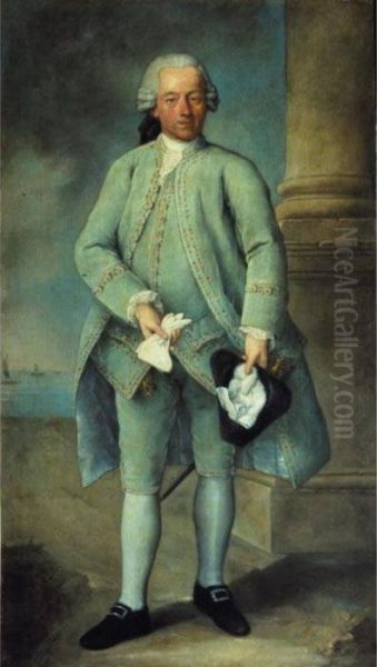 Portrait Of A Gentleman, 
Full-length Standing, Wearing A Powder-blue Costume And Holding A 
Tricorn Hat And Gloves, The Venetian Lagoon Beyond Oil Painting by Alessandro Longhi