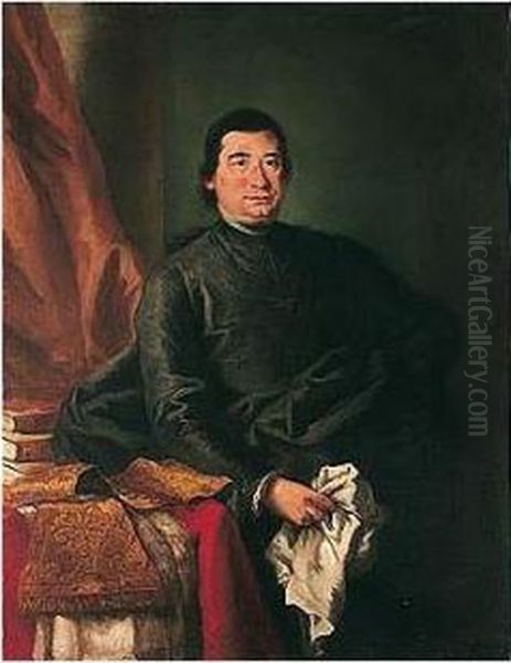 Portrait Of A Prelate, 
Three-quarter Length, Seated, Holding A Handkerchief, Beside A Table 
With His Cassock And Books Oil Painting by Alessandro Longhi