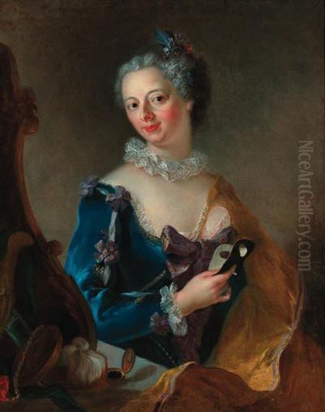 Portrait Of A Lady, Seated 
Half-length, Wearing A Blue Dress Withwhite Lace Trim Before A Mirror, 
Holding A Mask In Her Righthand Oil Painting by Alessandro Longhi