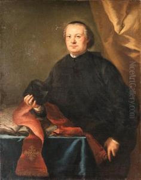 Portrait Of A Prelate, 
Three-quarter Length, In A Black Cassock,holding A Biretta, By A Table 
In A Draped Interior Oil Painting by Alessandro Longhi