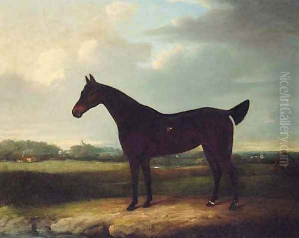 A dark bay Racehorse in an extensive Landscape, thought to be Newmarket Oil Painting by Henry Bernard Chalon