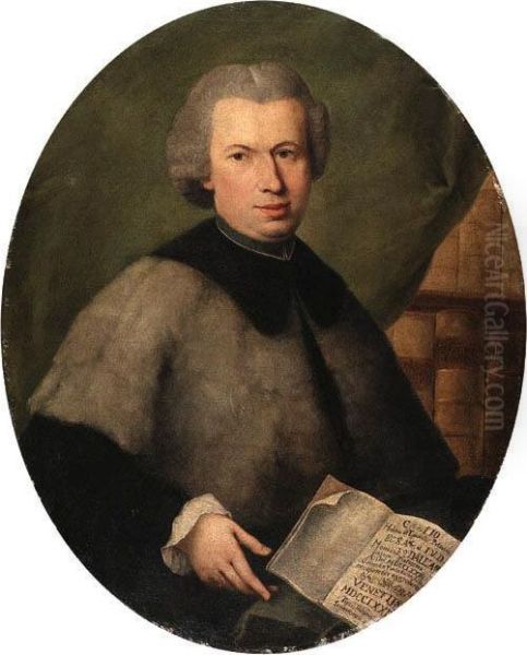 Portrait Of Monsignor Francesco 
Dall'acqua, Half Length, Wearing Agrey Cloak And Holding A Copy Of His 
Book, In A Library Oil Painting by Alessandro Longhi