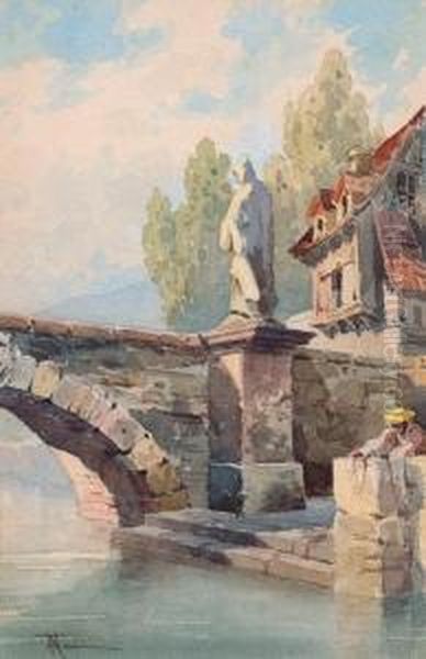 Ponte Con Statua E Banchina Con Figura Oil Painting by Francesco Longo Mancini