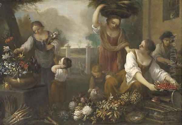 Women and children arranging flowers in the grounds of a building Oil Painting by Nicola Cassisa