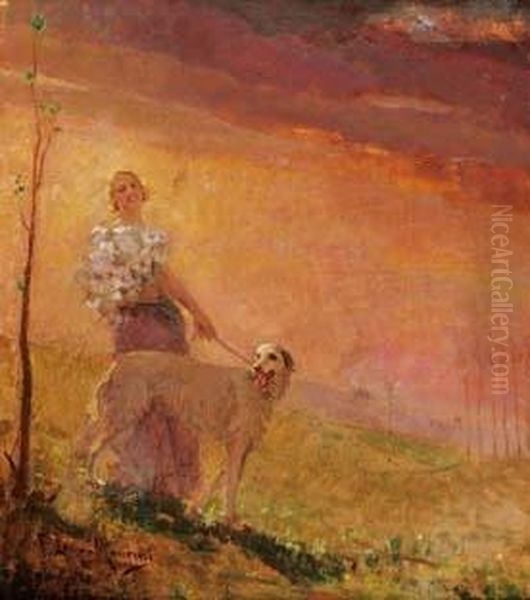 Donna Con Cane Oil Painting by Francesco Longo Mancini