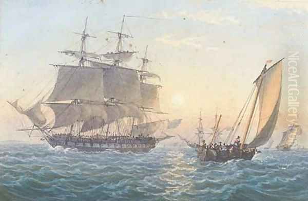 A Royal Naval frigate heaving-to upon her arrival at Spithead Oil Painting by Admiral Sir Thomas Bladen Capel