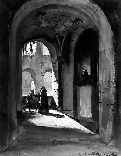 The arcade of a monastery cloister with a monk and a mendicant Oil Painting by Alphonse-Apollodore Callet