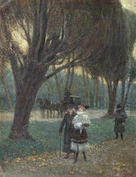 Bois De Boulogne, Paris. Oil Painting by Emilio Longoni