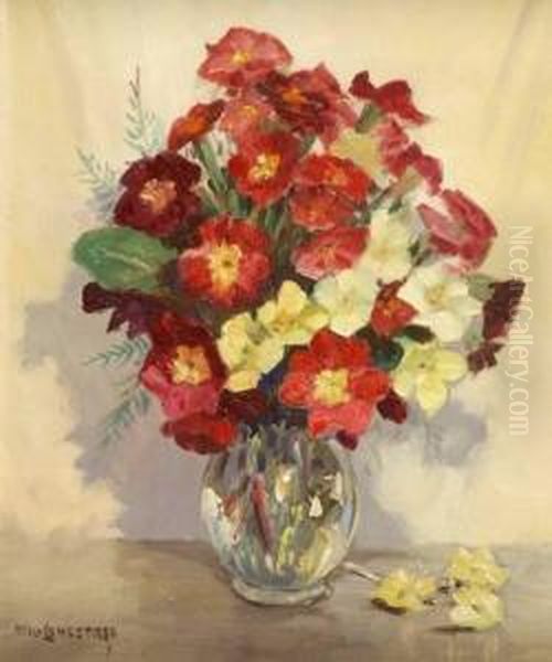 Pink And Yellow Flowers In Crystal Vase Oil Painting by William Francis Longstaff