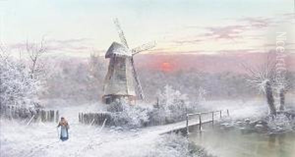 Winter Landscape With Windmill And Figure Oil Painting by Edgar Longstaffe